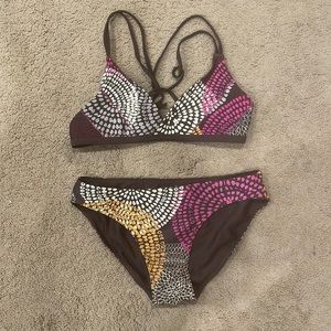 Prana bikini 2 piece swimsuit, brown and pink dots, size small